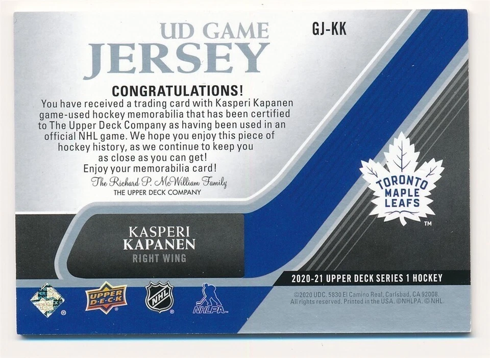 KASPERI KAPANEN 2020-21 UPPER DECK UD GAME JERSEY #GJ-KK JERSEY PATCH MINT - Image 2 of 2
