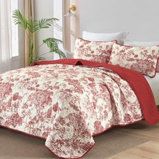 Botanical Quilt Set Size 3 Pieces Floral Plants Printed Bedspread Queen Red