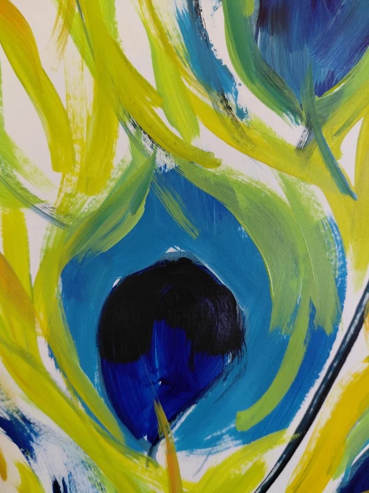 Pintura Abstracta Impresionismo Pluma Pop Pluma Pavo Real 14x11 Original MONA VIVAR Foto 3 de 4