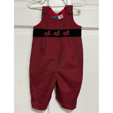 Vintage Boys Embroidered 3-6 Month One Piece Longalls Overalls Rocking Horse Red