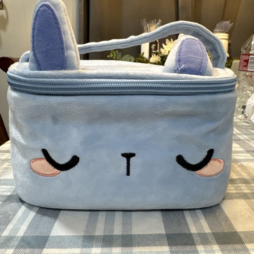 Claire’s Blue  plush Chibi bunny cosmetics case bag peach zipper nwt