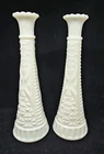Two Vintage White Milk Glass Bud Vases Stars and Bars Pattern 9" Tall
