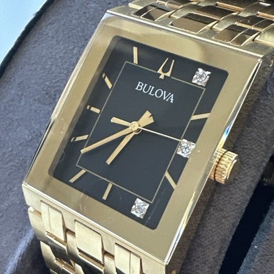 Bulova Men's Quadra Modern Gold Gemmed Watch 30 MM 97D132 *SCRATCHED CRYSTAL*