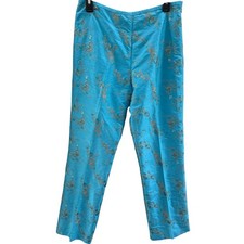 Karen Kane Silk Pants Womens 8 Turquoise Embroidered Straight Leg Dressy Floral