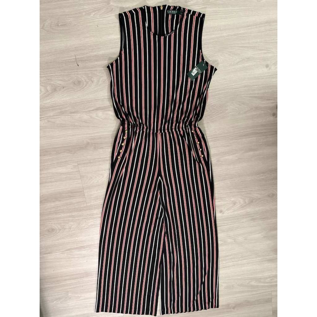 Lauren Ralph Lauren Striped Wide Leg Jumpsuit Women's Size L Black Red White