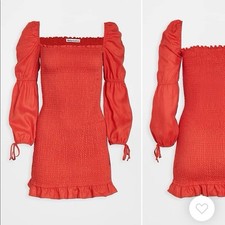 Reformation Hilary Red Linen Mini Dress Long Puff Sleeve Smocked Size M