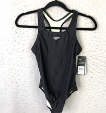 Speedo Swimsuit Girls 12 Black One Piece Racerback Chlorine Resistant UPF 50