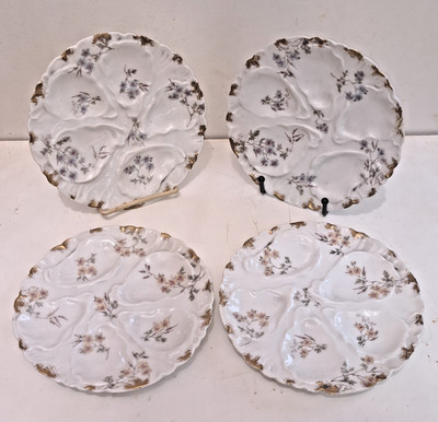 Set of 4 Antique CFH GDM Haviland Limoges Oyster Plates ~ Blue & Yellow Flowers