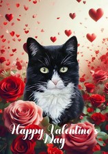Tuxedo Black/White Cat Happy Valentine's Day Flag