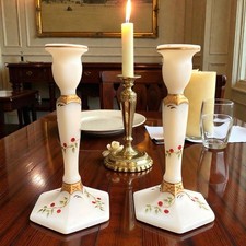 Fenton Hand Painted Signed V Adkins-Satin Twining Berries Candlesticks-Pair