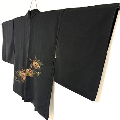 Japanischer Kimono 293 Haori Reine Seide Futter Schwarz Gold Rot Floral