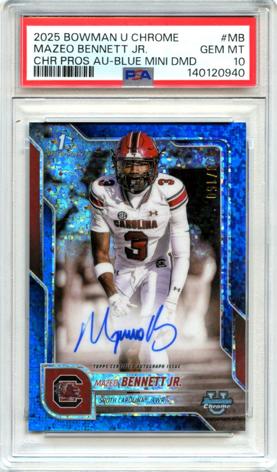 MAZEO BENNETT 2025 BOWMAN U CHROME BLUE MINI DIAMOND ROOKIE AUTO 23/150 PSA 10