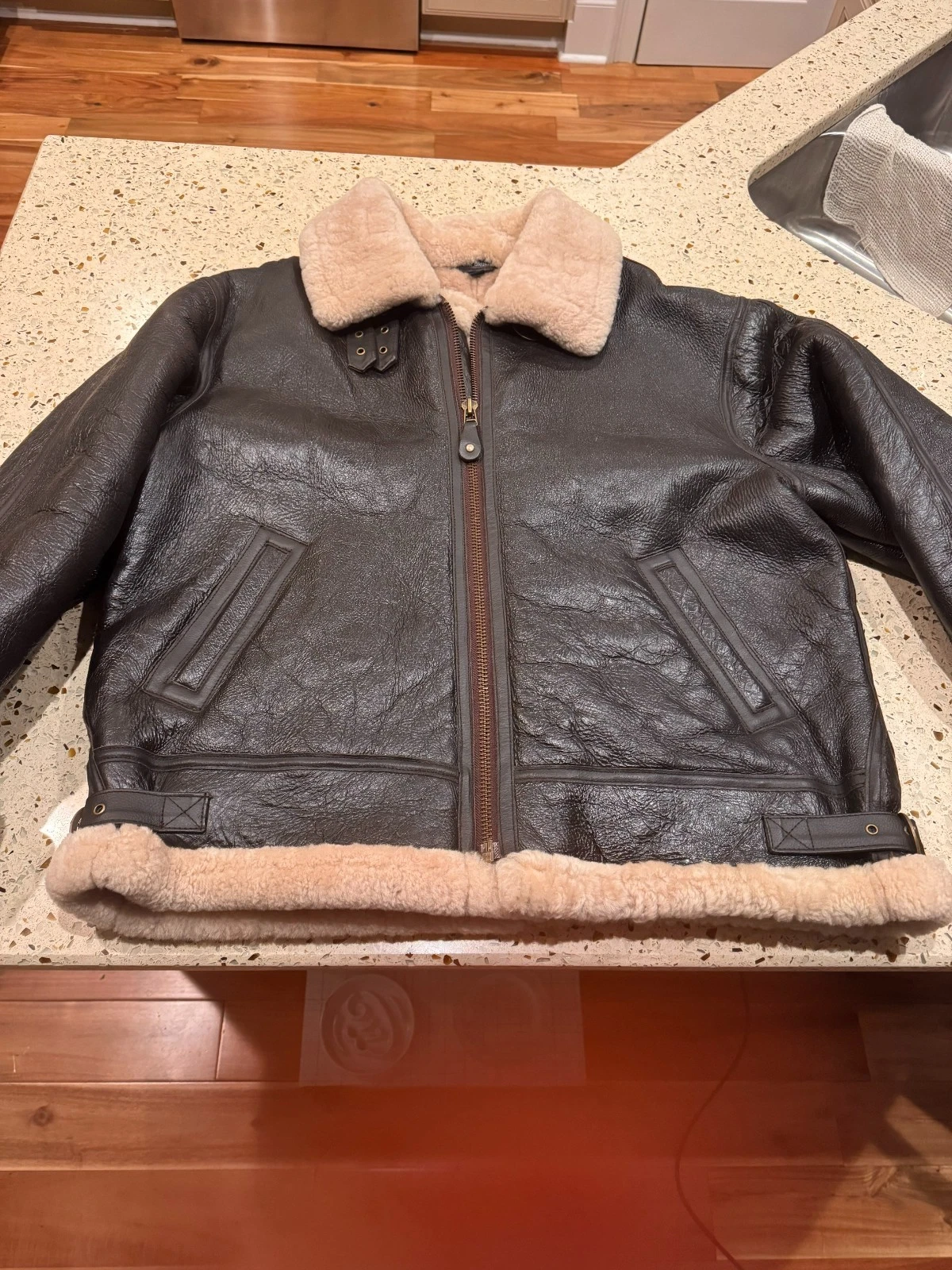 Cabelas Jacket Mens XL Brown Leather Shearling Bomber B-3 Military Outdoor image 3