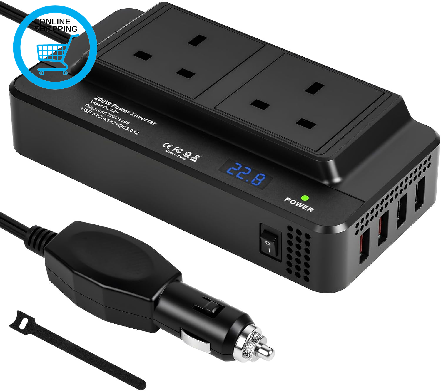 Power Inverter 200W, Car Voltage Converter DC 12V to AC 240V UK, Car Charger wit