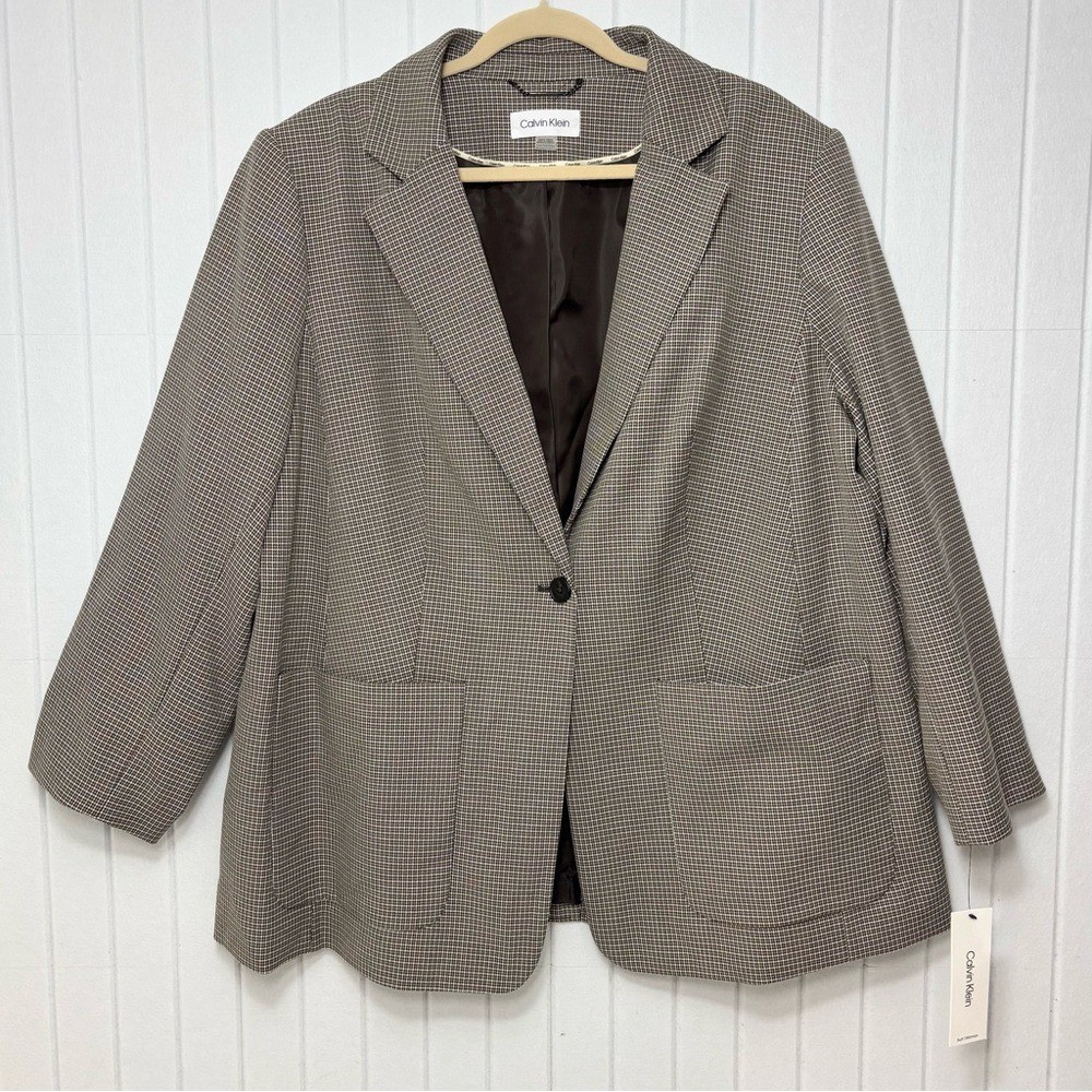 Calvin Klein Women's Checkered One-Button Blazer Jacket Brown/Tan Size 20W Plus thumbnail 2