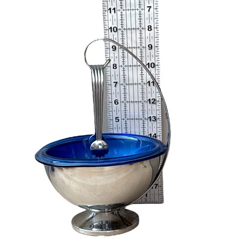 Vintage Hazel Atlas Cobalt Blue Ice Bowl Art Deco Chrome Server w/ Tongs USA - Picture 2 of 5