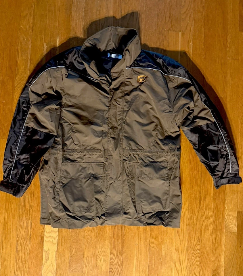 UPS Driver Uniform Jacket Mens L Nylon Chore Work Coat Logo Brown Zip Up - Image 2 of 4