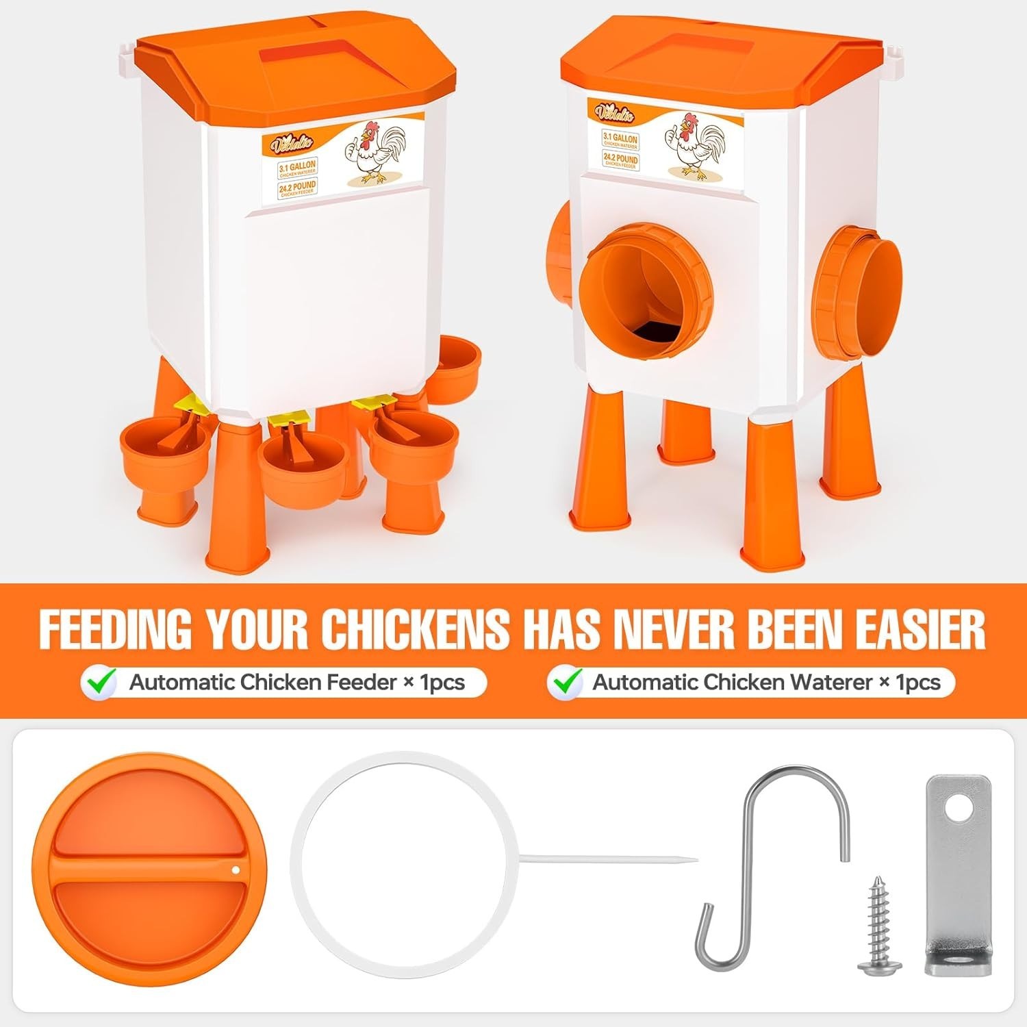 Chicken Feeder and Waterer Set, Chicken Coop Accessories, 3.1 Gallon/24.2 Pou...