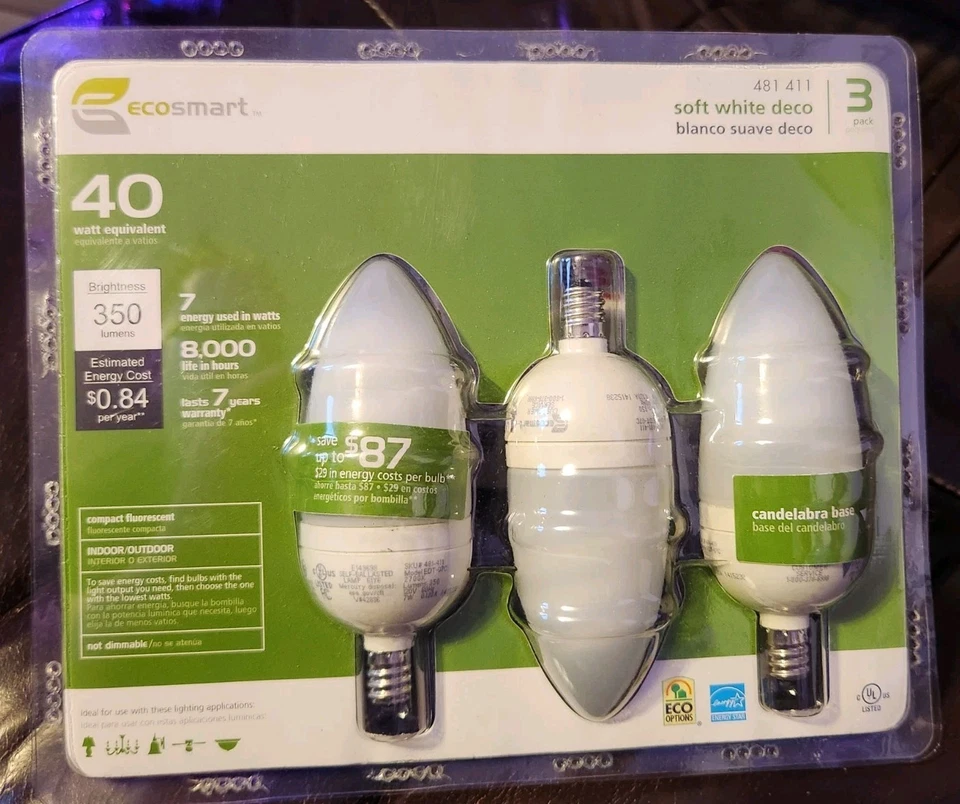EcoSmart 40W Compact Fluorescent Bulbs 3pk Soft White Candelabra Base 350 Lumens - Image 2 of 4