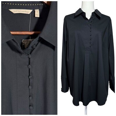 NWOT Soft Surroundings Top 1X Black Collared Button Shirt Lagenlook Minimalist
