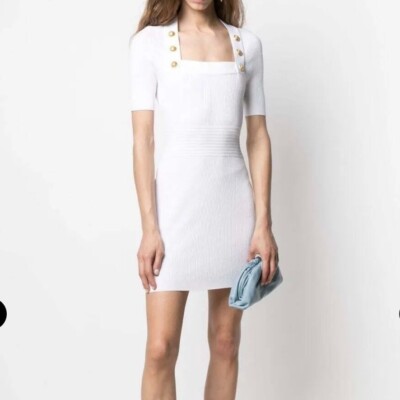 Balmain White Button Embellished Square Neck Rib Knit Mini Bodycon Dress 38 / XS