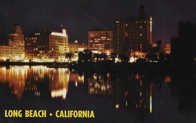 Vintage Chrome Postcard Long Beach California CA Night Water Reflection Downtown