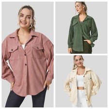 Damen Langärmlige Cordjacke Freizeitjacke mit Kragen und und Knopftasche