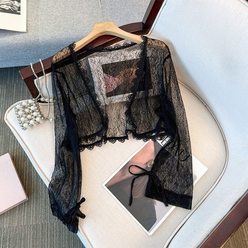 Lace Sheer Shawl Shirt Cardigan Floral Bow Tassel Fairy Top Blouse Long Sleeve - Picture 10 of 16
