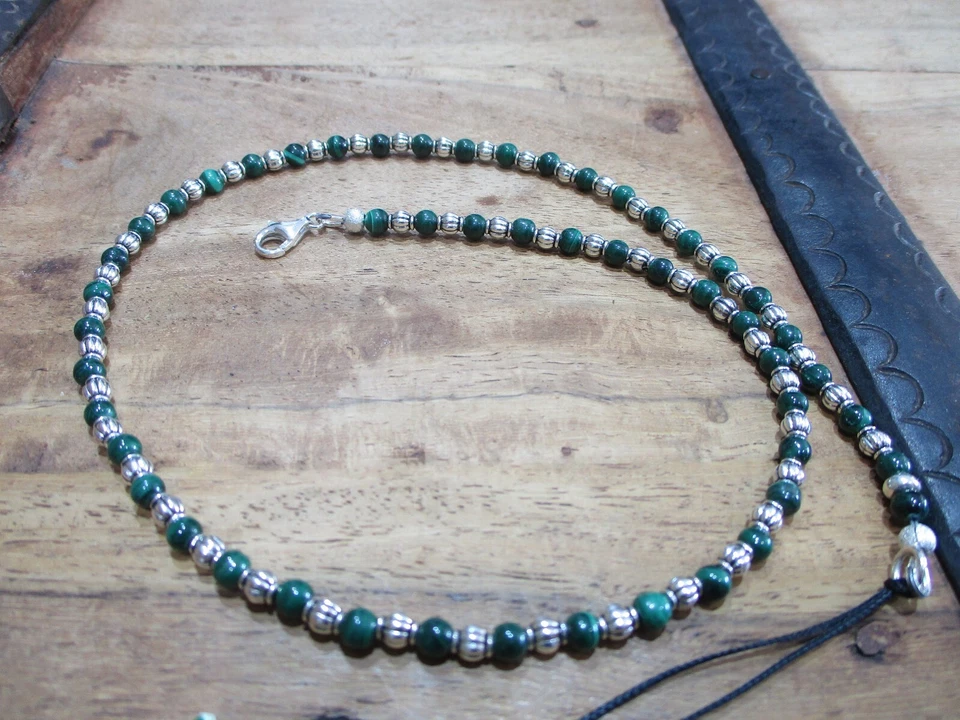 collana pietra dura malachite verde argento sterling 925 Seminole - Immagine 3 di 4