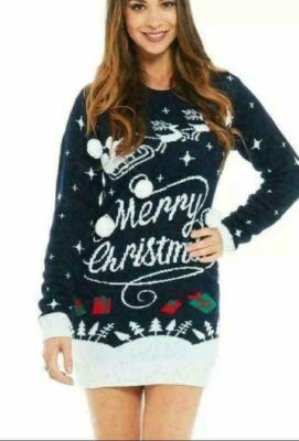 Womens Mens Night Sky Knitted Merry Christmas Longline Jumper Dress UK top  | eBay