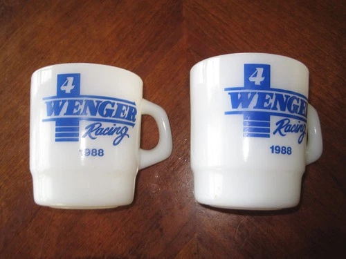 Pair Vintage 1988 Milk Glass Cup Mug Davey Wenger Racing #4 Modified Dirt Track