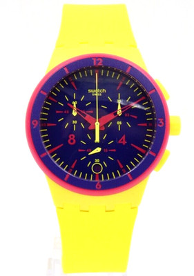 New Swiss Swatch Originals Glow Loom Yellow Chrono Silicone Watch 42mm SUSJ400