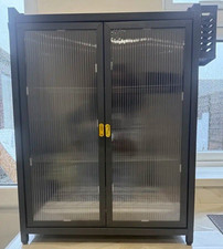 Black Metal Storage Cabinet, Ribbed Glass Doors, 2 Shelves