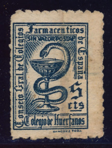 SPAIN: PHARMACEUTICAL/MEDICAL LABEL/CINDERELLA. 5 CTS BLUE. SNAKE & GLASS.