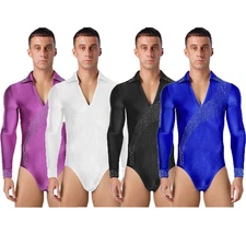 Men Bodysuit Button Dancewear Performance Jumpsuit Competitions Shiny Ballroom