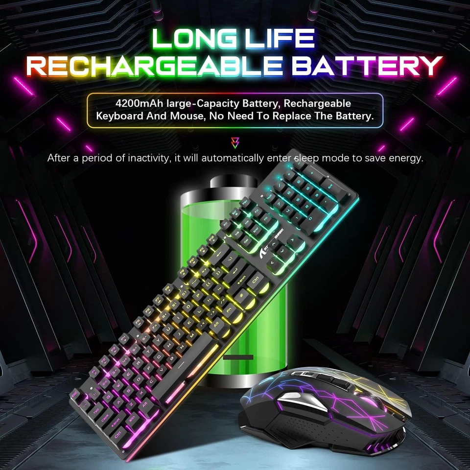 T3 2.4G Wireless Gaming Keyboard and Mouse Combo 104Key Rechargeable RGB 8D Mice - Image 2 of 4