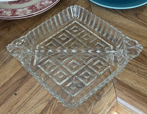 1930s Anchor Hocking Depression Glass Divided Square Serving Tray Scroll Handles
