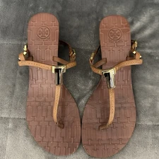 Tory Burch Womens T-Strap Sandals Gold Brown Leather Low Heel Wedge Buckle 7.5