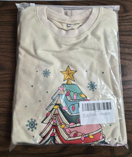 Women Christmas Tree Book Sweatshirt XL Cream Graphic Long Sleeve Holiday NIP