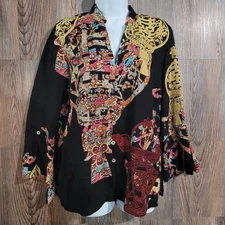 Citron Santa Monica Textured Silk Blouse Sz S Asian Floral Mandarin Collar Artsy