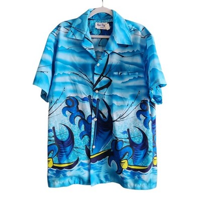 Vintage Rai Nani Aloha Hawaiian Shirt Blue Mens Size XL Handmade 70s Button Up