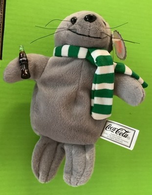 Coca-Cola 1997 Bean Bag Plush Seal in Green Stripe Scarf 8 