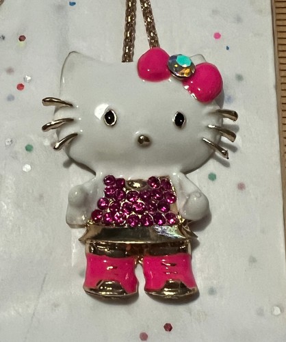 New Cat Hello Kitty Necklace Gold-Tone w/Magenta Crystals and Enamel - Picture 2 of 6