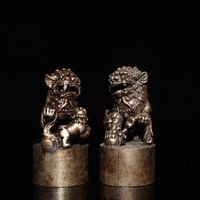 Collectible Chinese copper silver-plated lions statue exquisite seal ornaments