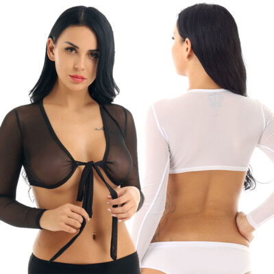 Damen Langarm Tief V-Ausschnitt Crop Top transparent Bluse Kurz