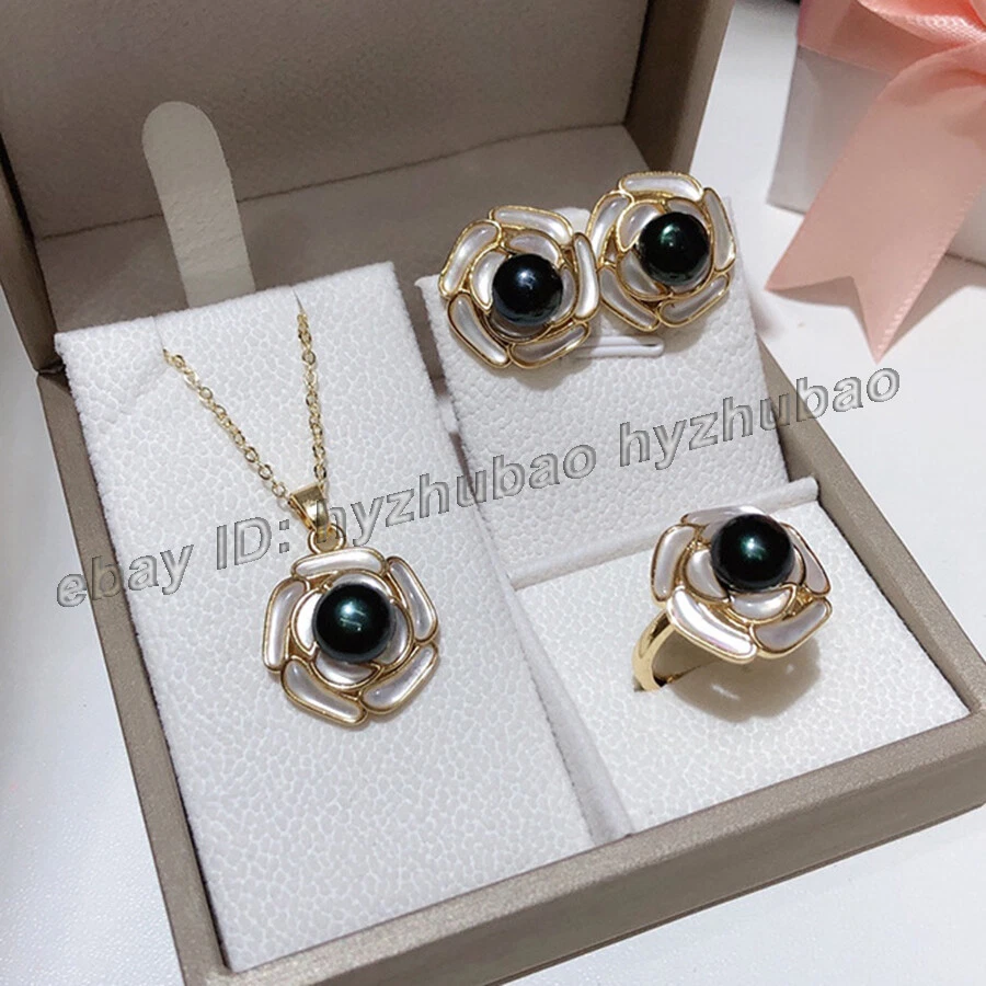 Natural AAA + Perla 18K GP Incrustación Concha Flor Pendientes + Anillo + Colgante Collar Conjunto Foto 3 de 4