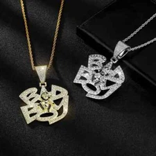 Iced BAD BOY Cubic Zirconia Pendant 3mm 18" 20" 24" Rope Chain Hip Hop Necklace