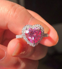 Fancy Pink Heart Cut Simulated CZ Halo 925 Sterling Silver Anniversary Gift Ring