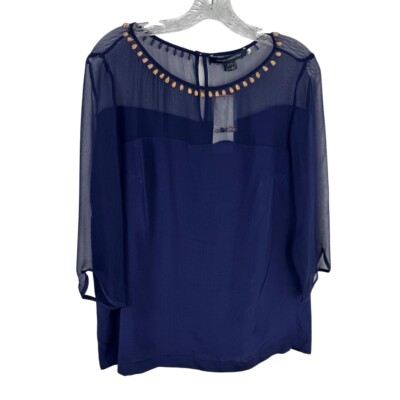 French Connection NEW 100% Silk Navy Blue Embellished Beaded Blouse Top Size 8