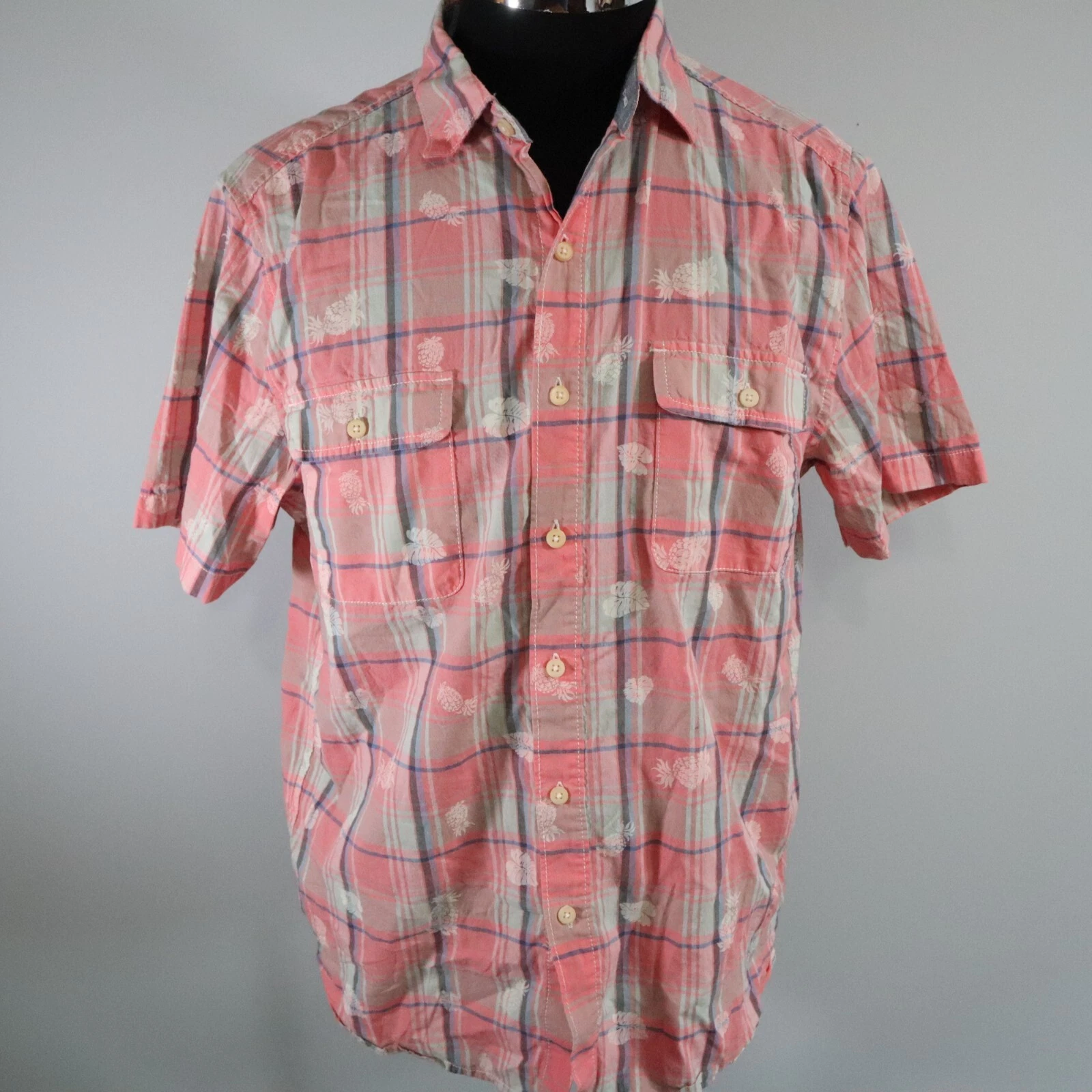 Tommy Bahama Shirt Mens Medium Flap Pocket Casual Button Up Pink Plaid Pineapple